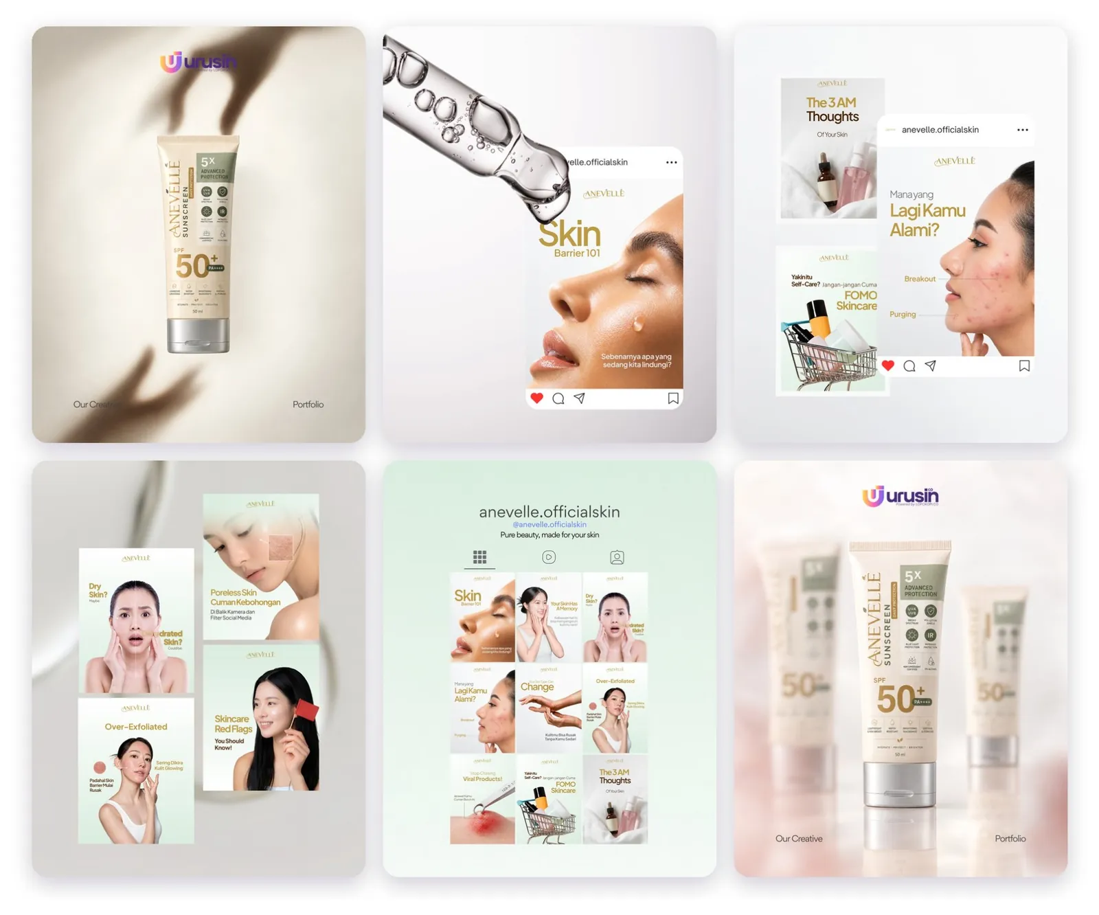 Studi kasus desain feed Instagram Anevelle (skincare) oleh Urusin.co
