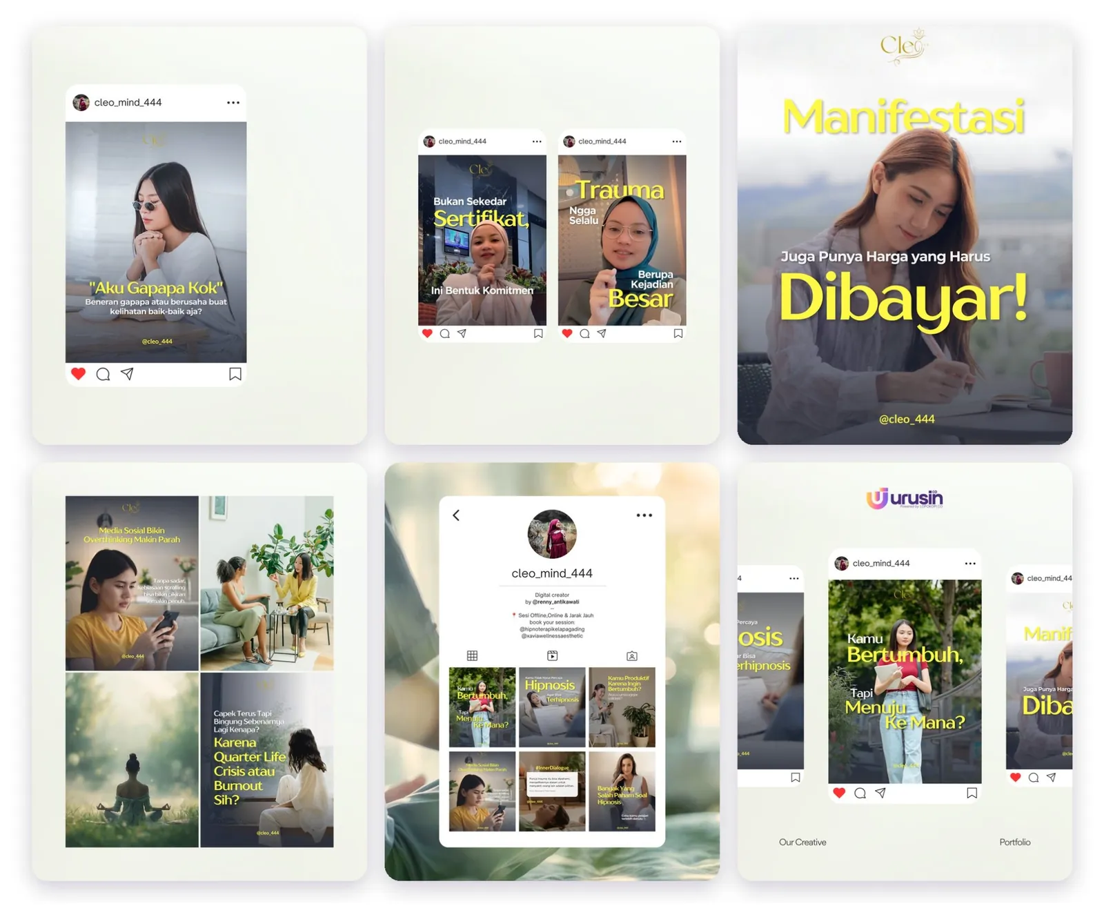 Studi kasus desain feed Instagram Cleo (personal brand) oleh Urusin.co
