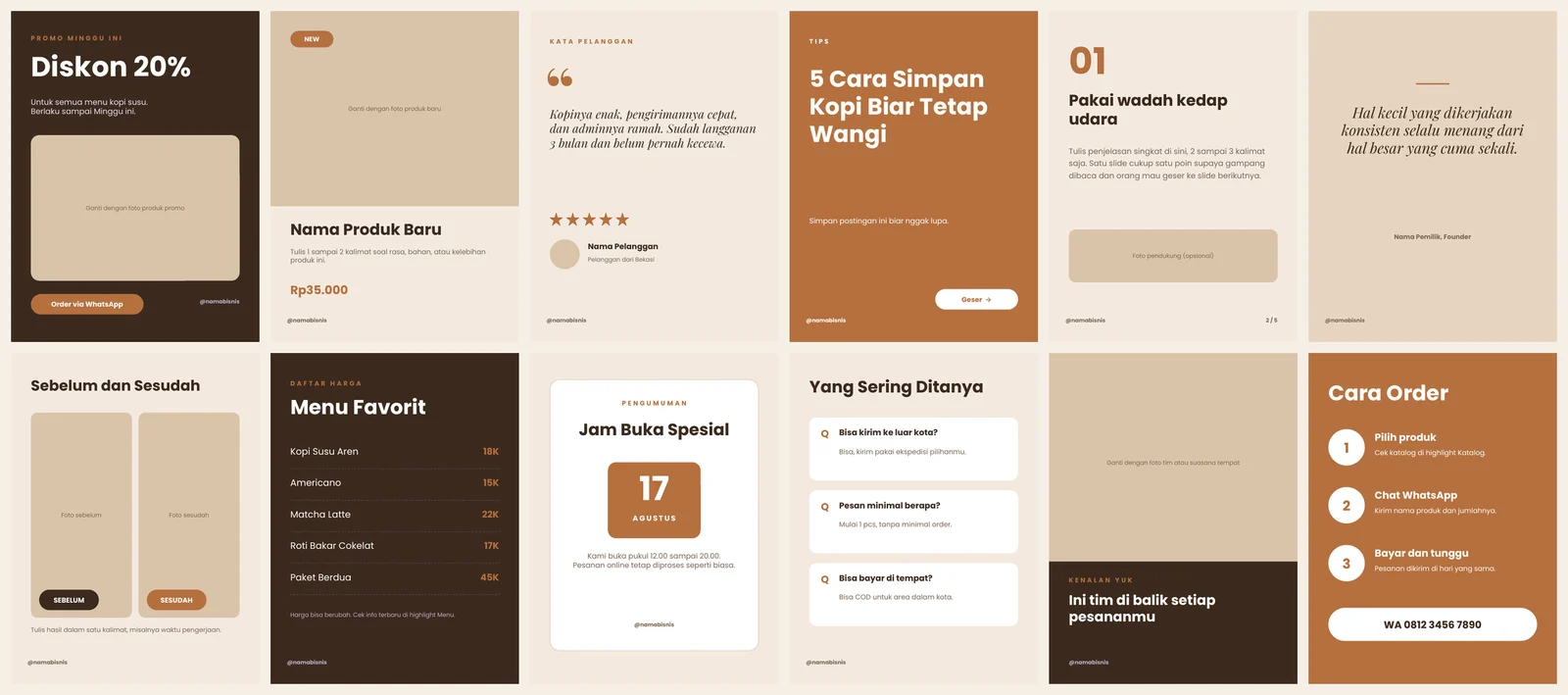12 template feed Instagram tema Krem Kopi