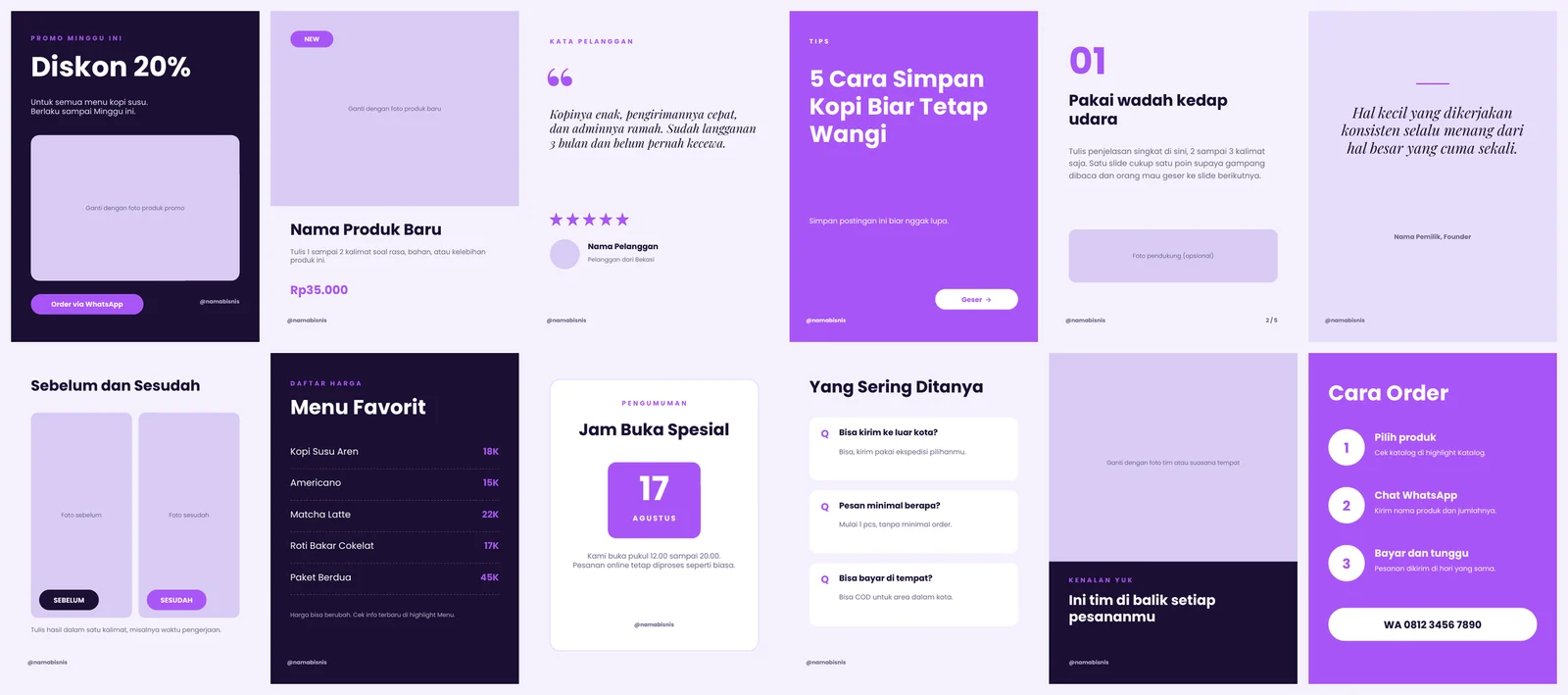 12 template feed Instagram tema Ungu